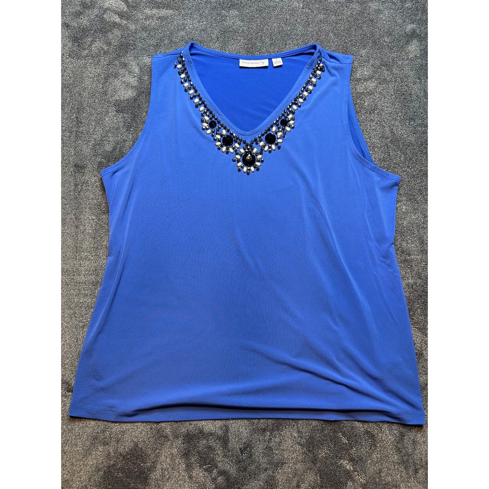 Susan Graver Liquid Knit Royal Blue Beaded V-Neck Tank Top Large Womens-293